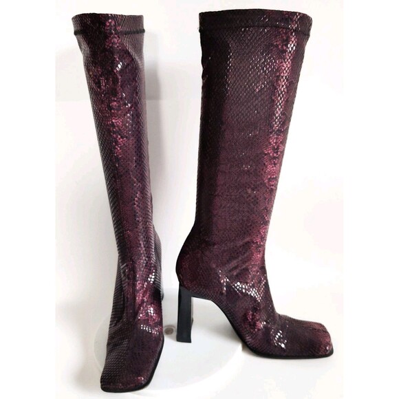 Y2K 90s Bebe Knee High Sock Boots 7 M Leather Sole Square Toe Snakeskin Spain - Picture 1 of 16